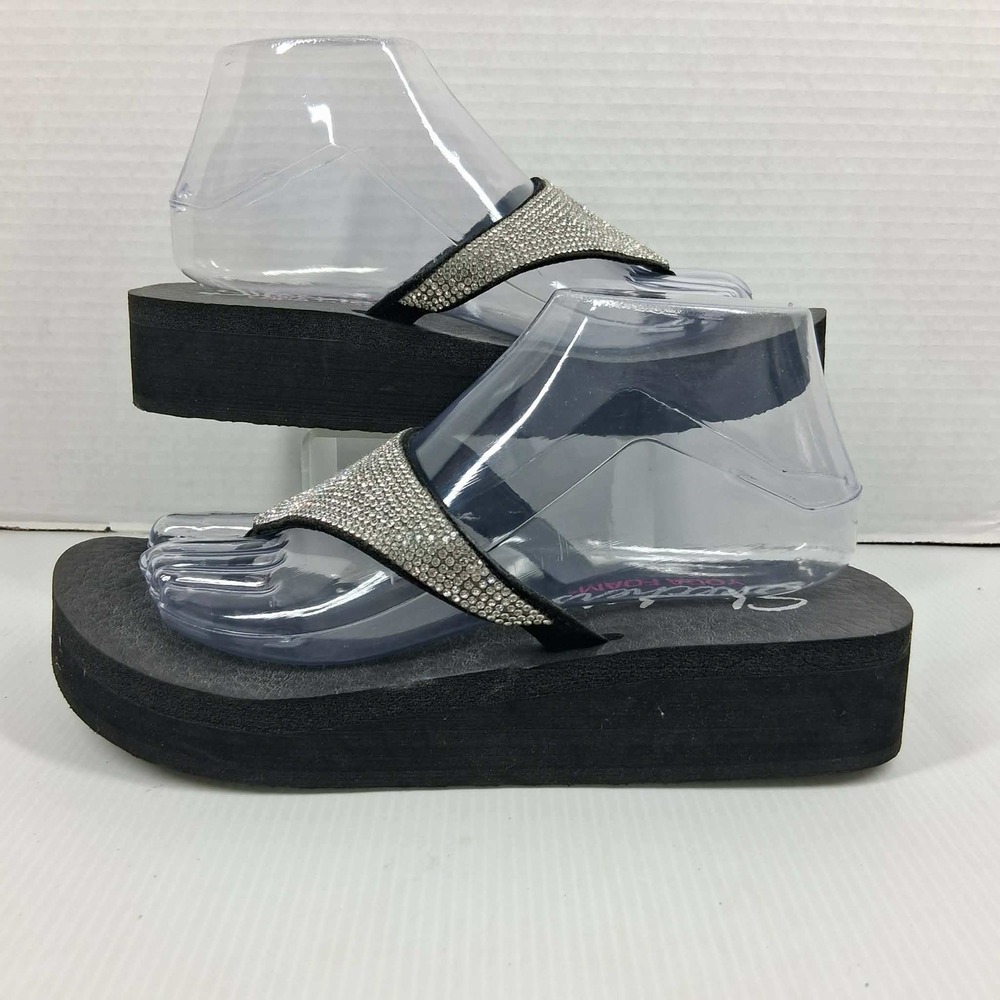 Skechers Women 8 Yoga Foam Rhinestone Platform Flip Flop Wedge Sandals 38644 Blk